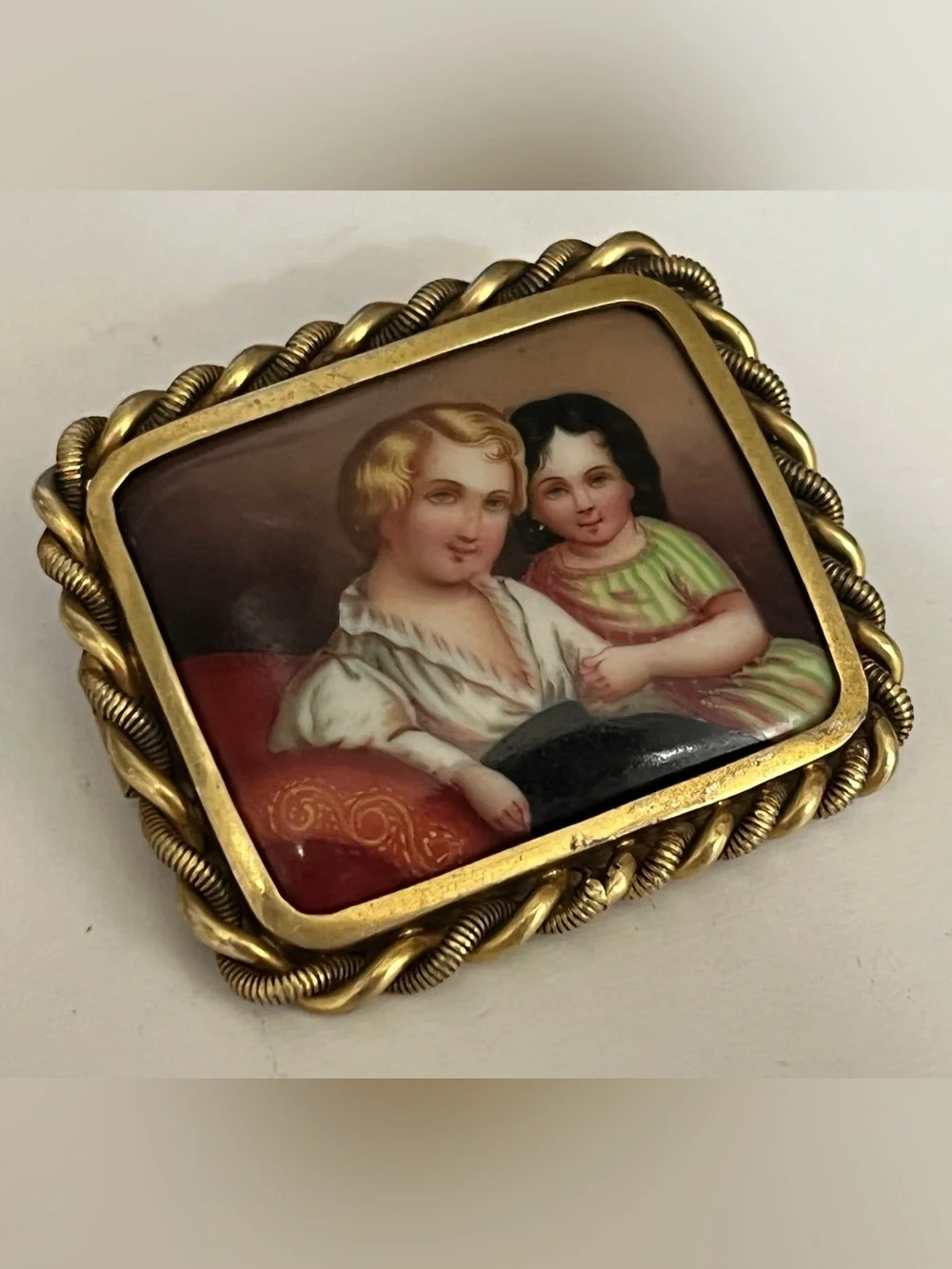 Antique Victorian Gilt Gold-tone Metal Hand Painted Porcelain Plaque Brooch